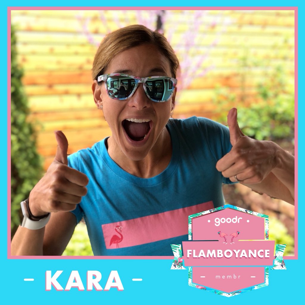 goodr's tweet image. Who has two thumbs and and loves goodr? Ok, ok, we get it, this applies to many, many people, but most importantly: Superstar runner Kara Goucher! Let’s give her a big welcome to our ambassadr program, the goodr Flamboyance!!!
