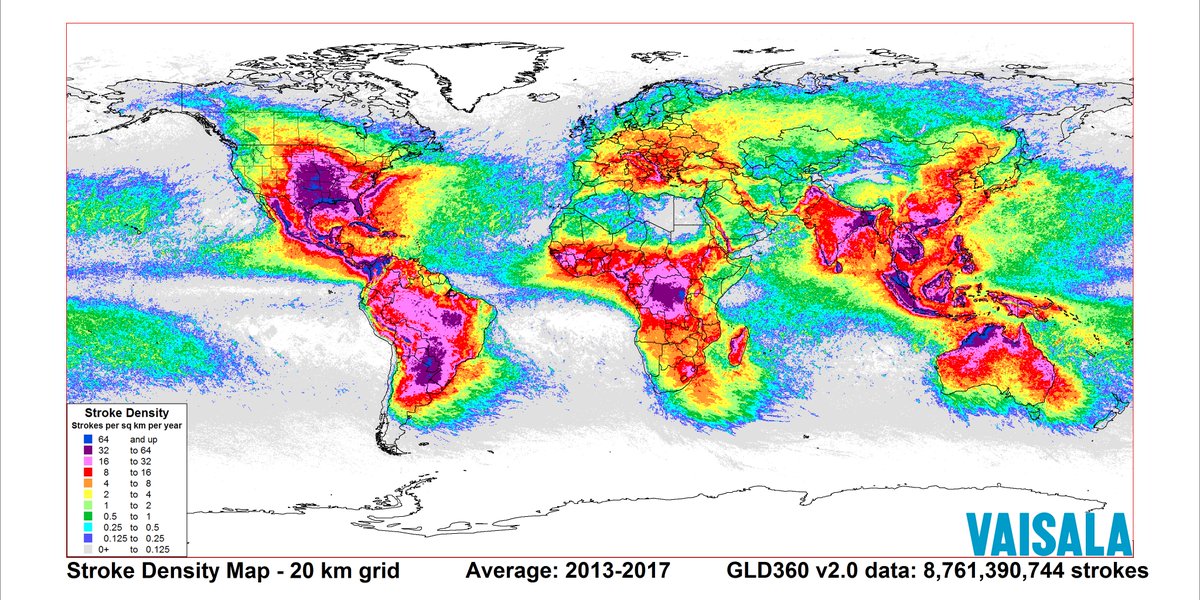 weatherchannel's tweet image. One map shows where almost 9 billion #lightning strikes in 5 years have happened on Earth. (Credit: @VaisalaGroup) wxch.nl/2rrqmi9
