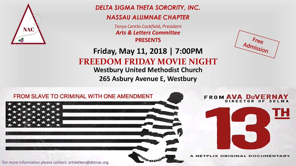 Nassau_Alumnae's tweet photo. Come out to our "FREEDOM FRIDAY" MOVIE NIGHT!!! All are welcomed. 
See above for all information.

#dstnac
#nassaualumnae #mayweek2018 #movienight #artsandletters #deltasigmathetasororityinc #freedom #friday #netflix #13th https://t.co/y8oqOLmo19