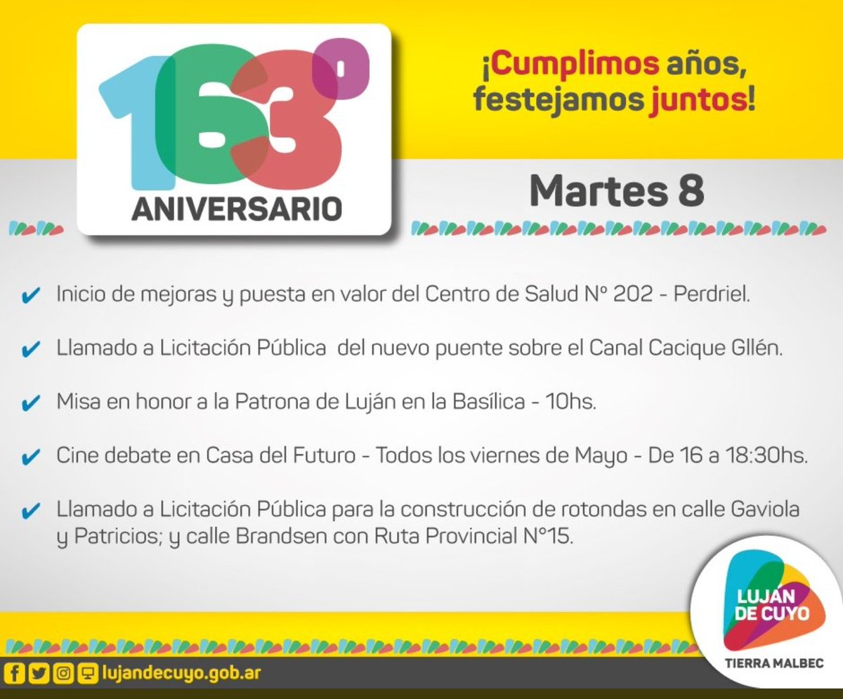 TatoRosello's tweet photo. @MuniLujanDeCuyo sigue con las actividades festejando su aniversario.
Mañana hay varios lugares donde podés compartirlas. https://t.co/TrKKuRfnYS