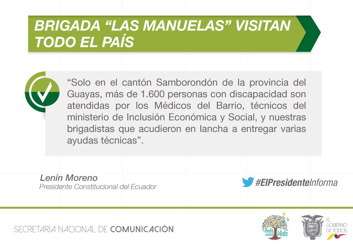ComunicacionEc's tweet photo. “@LasManuelasEc continúan con la gran cruzada nacional para atender de manera integral a las personas en situación de vulnerabilidad”, @Lenin Moreno #ElPresidenteInforma https://t.co/UtCaTTozJi
