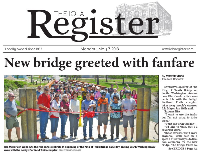 The new King of Trails Bridge is officially open! A nice crowd attended the ribbon-cutting on Saturday, then took off to explore the trails <a href="/ThriveAllen/">Thrive Allen County</a> <a href="/iolaregister/">The Iola Register</a> @HCFGKC <a href="/SunflowerFDN/">Sunflower Foundation</a> @KDWPT <a href="/peopleforbikes/">PeopleForBikes</a> <a href="/newbelgium/">New Belgium Brewing</a> <a href="/kansashealthorg/">Kansas Health Foundation</a> #kshealthengage