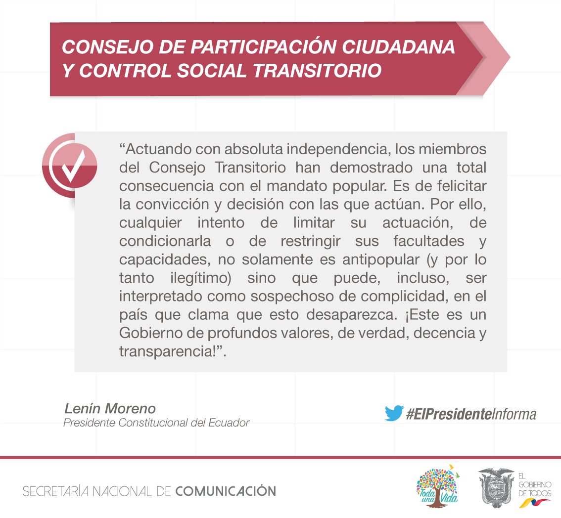 ComunicacionEc's tweet photo. “En la consulta popular, ustedes aceptaron mi propuesta de la conformación de un @CPCCS transitorio. ¡La expresión en las urnas es sagrada, obligatoria, y de inmediato cumplimiento! ¡Nada, ni nadie, la puede cambiar!”, @Lenin Moreno #ElPresidenteInforma https://t.co/pdwARD3F58