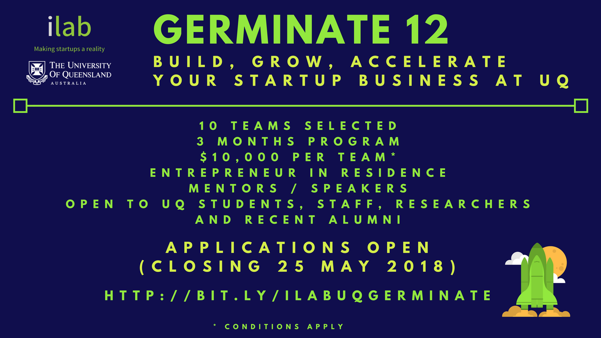 UQVentures's tweet photo. Build and grow your business! For #UQ students, staff, researchers and recent alumni, the applications for the Germinate #startup #accelerator program are  open! Apply now! (Closing 25 May) https://t.co/Yto3XBLeSo #StartupAus 
@uq_news @uqbs @uniquestuq @uqalumni https://t.co/wvnfzK3Kpu