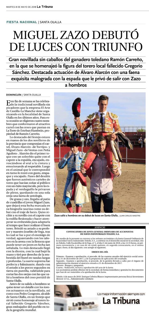 ddominguin's tweet photo. Hoy en @tribunadetoledo podemos leer el éxito de Miguel Zazo en su debut de luces en Santa Olalla @etdetoledo @aransanos @martindeblas @TiempodeToros @ClarinesyTimbal @TCProfesional @portaltaurino @NovilladasSin https://t.co/RgEy19CvPc