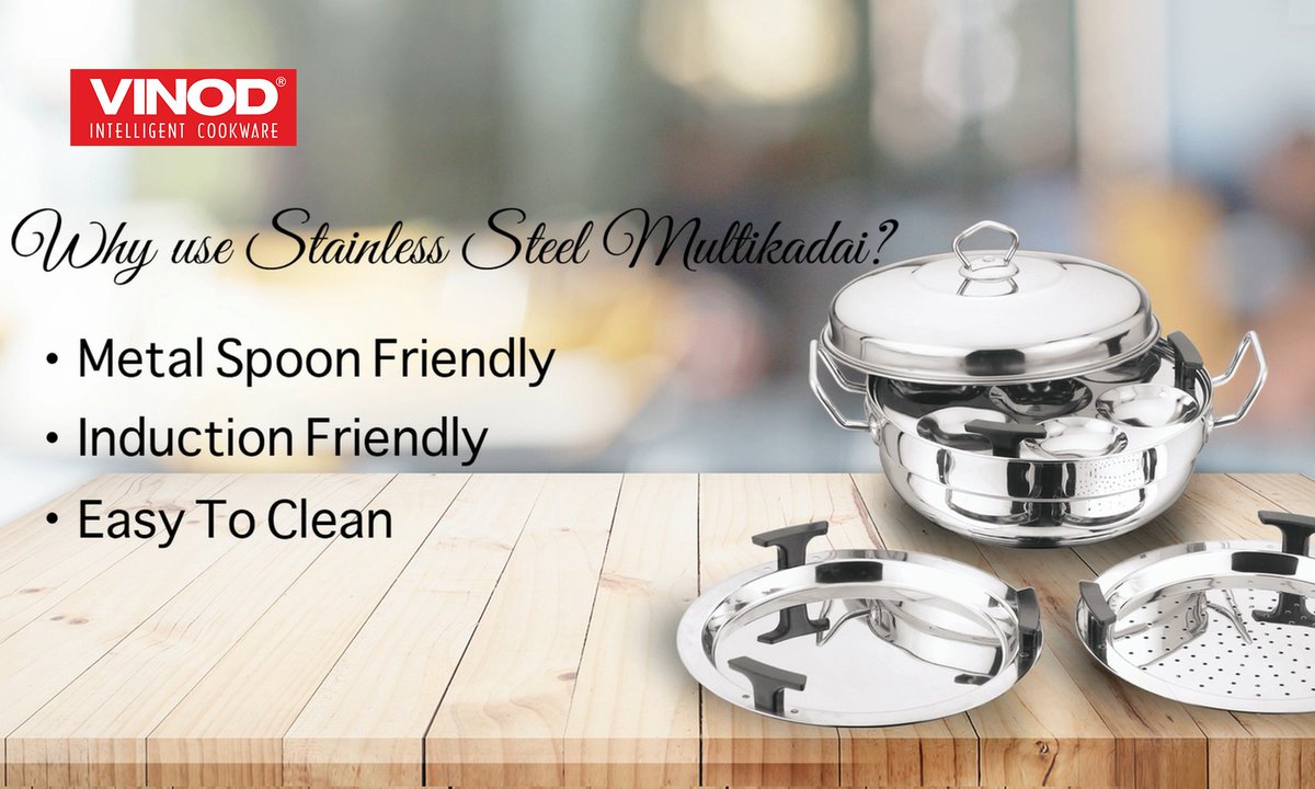 Vinod_Cookware's tweet photo. They say Never settle for less and hence we made Vinod #MultiKadai for you 🙂 Multi-purpose cooking needs all packed in one. How to use the product: https://t.co/8oL9l8yQYm https://t.co/H3xeKG5yjO