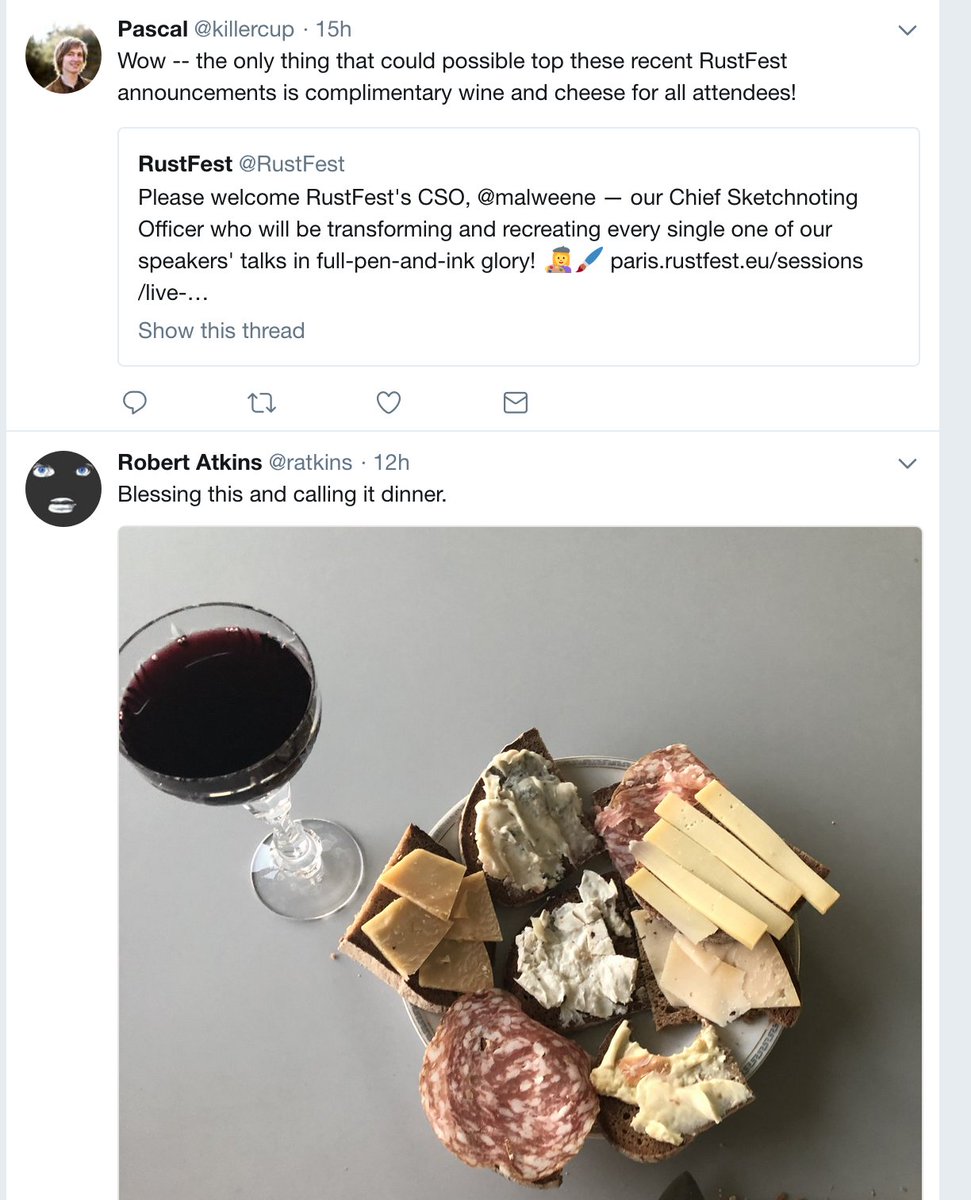 A screenshot of a tweet by @killercup, joking about complementary wine and cheese at @rustfest and a tweet by @ratkins talking about wine and cheese for dinner, right below.