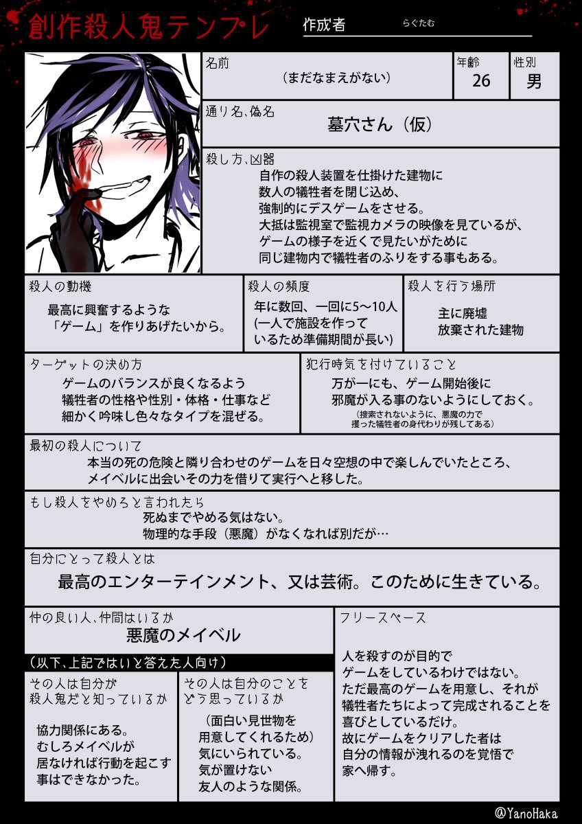 Twitter らぐたむ على تويتر 名前も決まってないのにやたら主張の強い墓穴さん 正確には殺人鬼と言えないかもしれない 久々にテンプレお借りした 創作殺人鬼テンプレ T Co Jcpgycz2jw