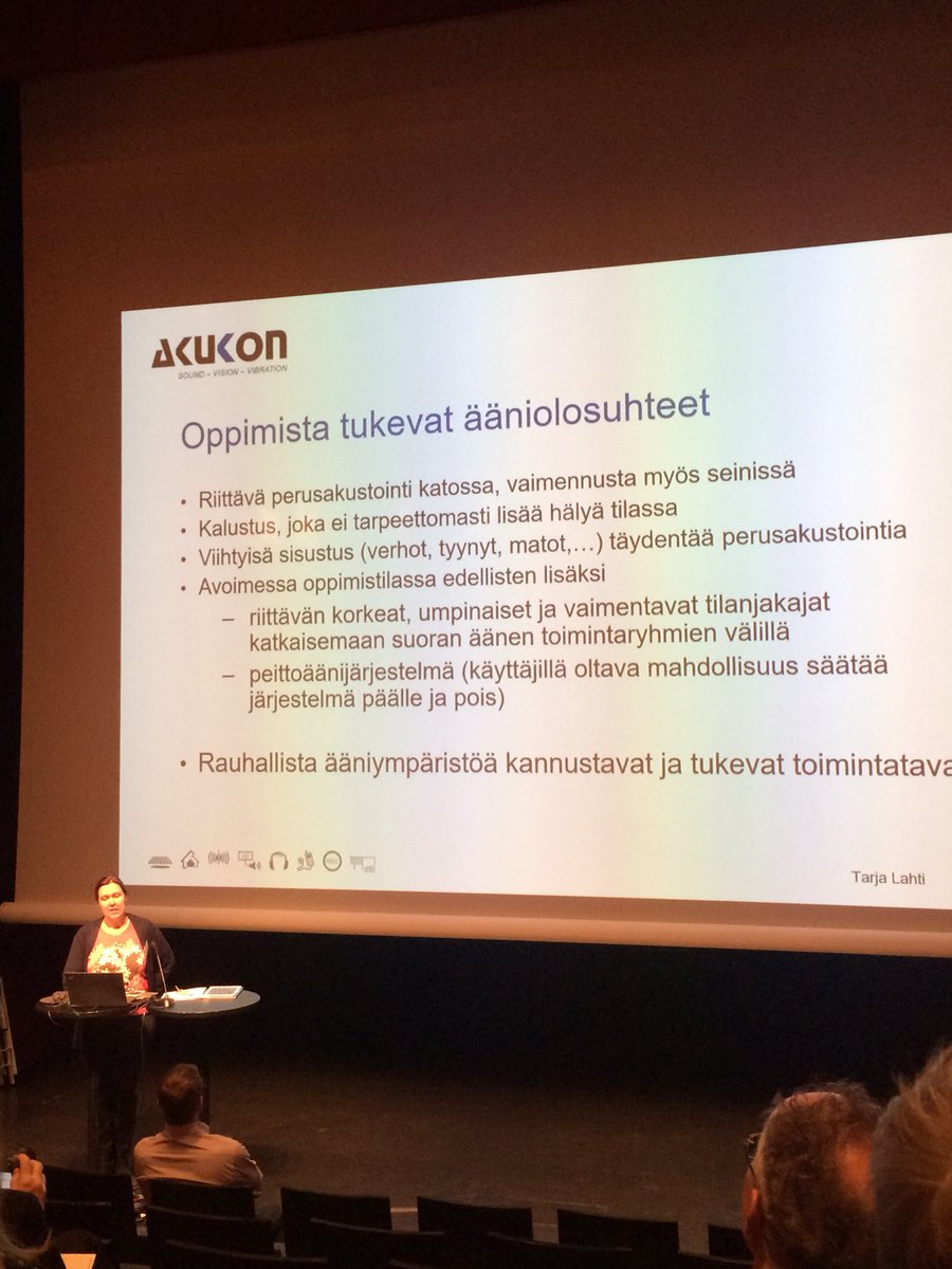 VillaPeltonen's tweet photo. Tässä eväät oppimista tukevien ääniolosuhteiden luomiselle #EDUseminaari @EcophonFI Tarja Lahti @AkukonLtd https://t.co/4xBrkHD22e