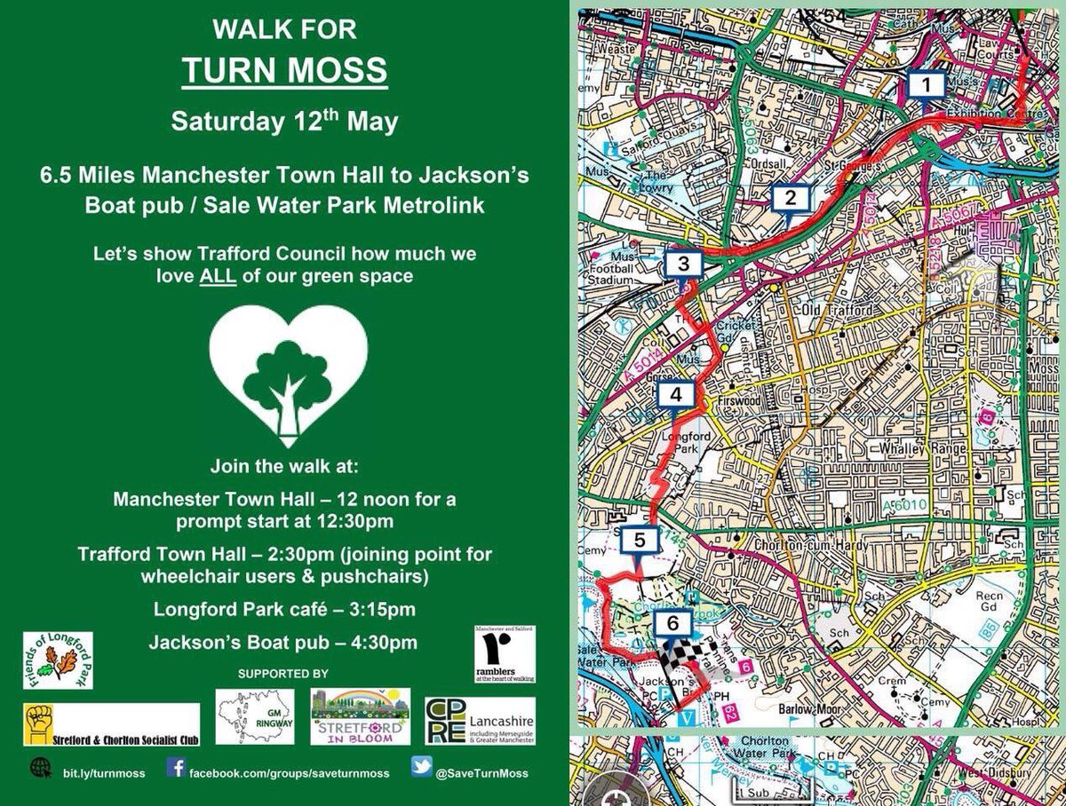 OurTurnMoss's tweet photo. 💚🌳💚 ‘Walk 4 Turn Moss’ on Sat 12 May! 💚🌳💚
All who care about green belt welcome. Times/Joining Points on photo. Nice quiet green route from Mcr via Trafford Town Hall to Jackson’s Boat, Chorlton, nr Sale Water Park tramstop. Pls come &amp; share! #saveturnmoss #healthycommunity https://t.co/ScVve2d4E5