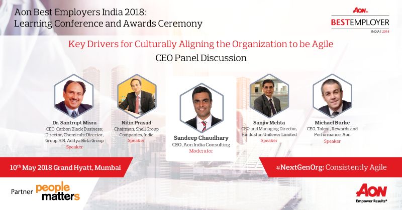 Aon_India's tweet photo. Are you ready to discover the key drivers that instill agility into an organization's DNA? Join the 5 CEOs – Dr. Santrupt Misra, Nitin Prasad Sanjiv Mehta, Michael Burke, and Sandeep Chaudhary only at #AonBE18 Register Now: https://t.co/I8TtvNJOq9 #NextGenOrg https://t.co/uG4cYjGGpQ