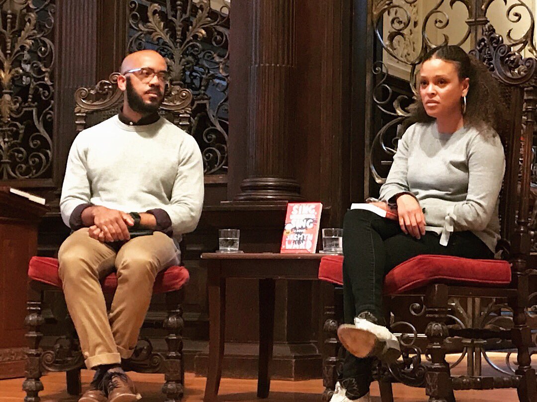 ClintSmithIII's tweet photo. One of us is a 2x winner of the National Book Award for fiction and one of us still believes that chicken &amp; pancakes are a much better combination than chicken &amp; waffles. Great to be in conversation with Jesmyn Ward tonight. She’s truly one of the best writers alive today. https://t.co/4kr2KLVAPq