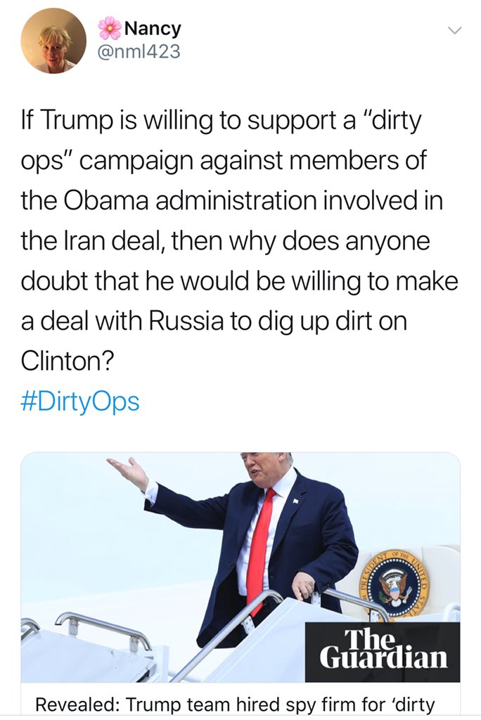 valkyrie_hanna's tweet photo. @realDonaldTrump If Trump is willing to support a “dirty ops” campaign against members of the Obama administration involved in the Iran deal, then why does anyone doubt that he would be willing to make a deal with Russia to dig up dirt on Clinton?
#DirtyOps https://t.co/u7V6qfXZm2