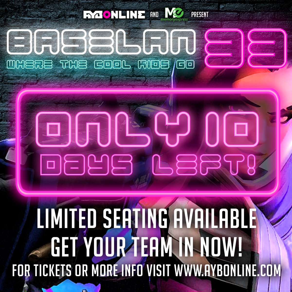 AYBOnline's tweet photo. You've only got 10 days left to get your teams registered. There is limited seating still available, so hustle hard! #AYBOnline #BaseLAN #BaseLAN33 #LAN #gaming #videogames #pcgaming #gamingtournament #lantournament https://t.co/hh6fhs8Xl5