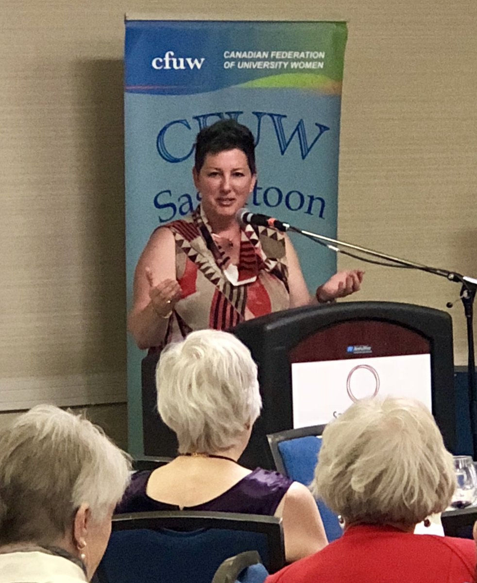 AprilSora's tweet photo. @tracymuggli leading us through the night @CFUWFCFDU Saskatoon 100th Anniversary. #greatMC #Wehavecomealongway #WeHaveaLongWaytoGo #EqualPay #daycare @limoon24 https://t.co/q0yL69o16T