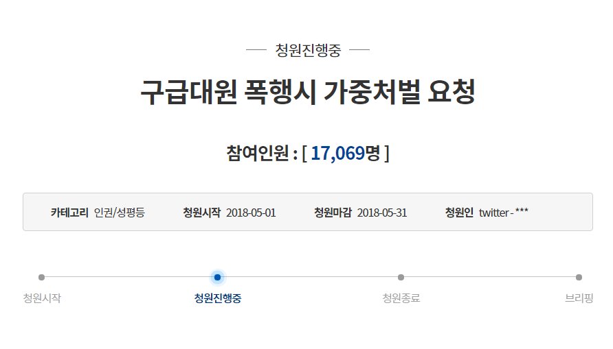 petition_kr's tweet photo. 구급대원 폭행시 가중처벌 요청

구급대원 폭행시 처벌 수위를 높여주세요. 그리고 강 구급대원을 죽음에 이르게 한 가해자를 살인죄로 처벌해야 된다고 생각합니다. 살인죄가 안 된다면 상해치사죄라도 물어야 합니다. 

마감: 2018-05-31
https://t.co/DGni3GnxQF https://t.co/HI82ygPire