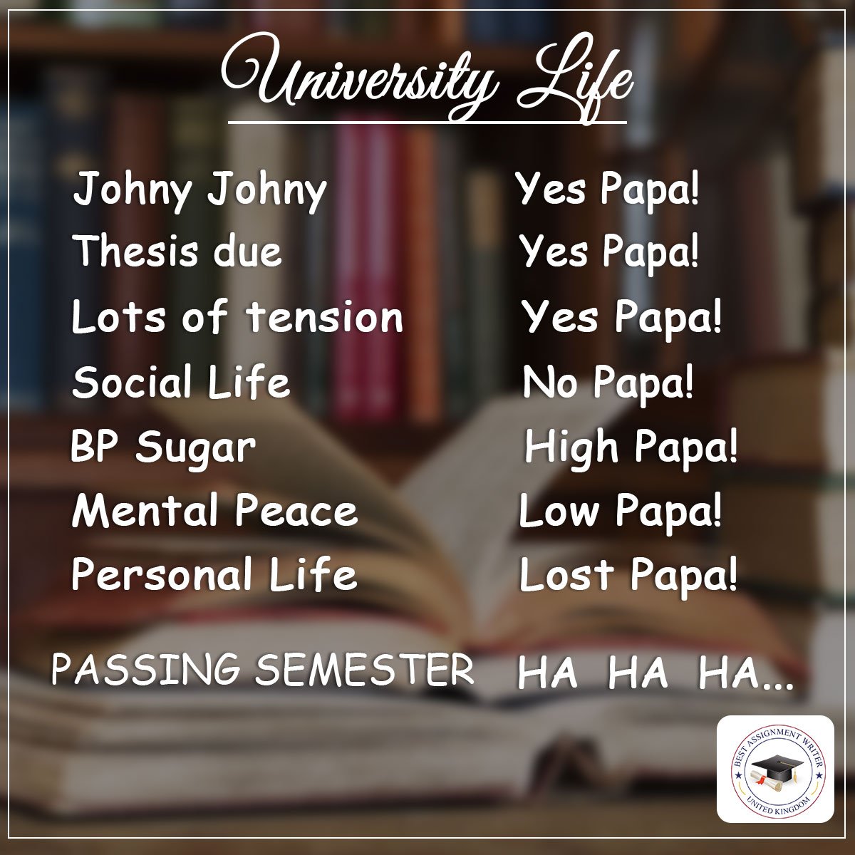 GamilaCairo's tweet image. Passing this semester?
HA HA HA...:D
Do you wanna pass this semester?
Then let us do the work for you!
bit.ly/2g7xjTJ
#bestassignmentwriter #memes #universitylife #passingsemester #funny #collegememes #thesis #dissertation #affordabledissertations #affordablewriting