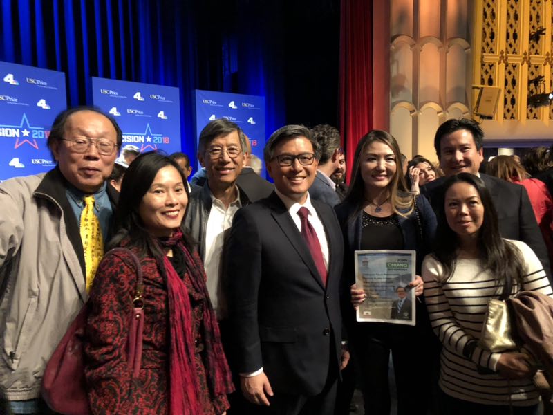 AsianDems's tweet photo. AADC Ray Hing went to a Latino event wearing a #JohnChiang sticker. Ray told Latino voters John is the current treasurer & had brought back California budget from deep deficit to big surplus. Ray convinced several Votes for @JohnChiangCA https://t.co/antMqZ1y7O