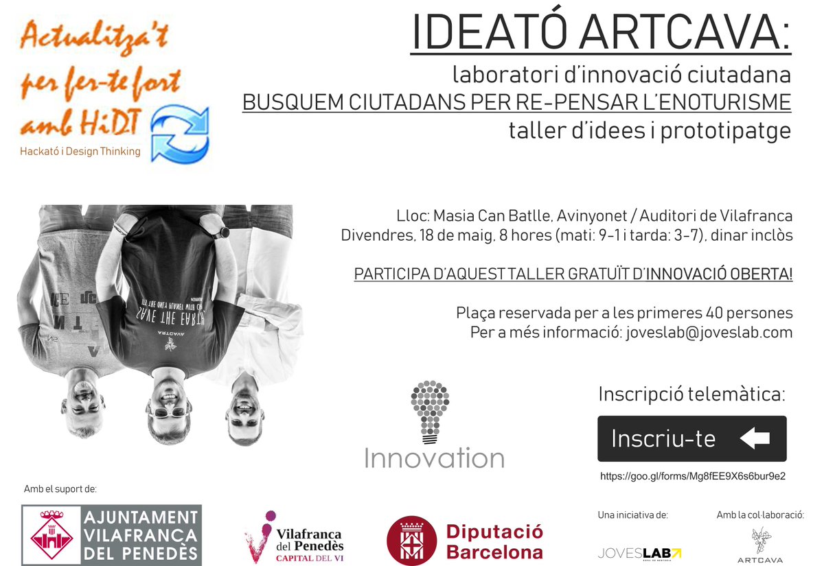 JosepMiro's tweet photo. Participa d'una ideató per re-pensar l'enoturisme al Penedès, amb la facilitació de #JovesLab, el suport de l'Ajuntament de Vilafranca i Diputació de Barcelona, i la iniciativa d'ArtCava.
#ideató #enoturisme #ArtCava #Penedes
Aqui per apuntar-te:
https://t.co/cPaXtsFJKV https://t.co/H2rXOn9DEv