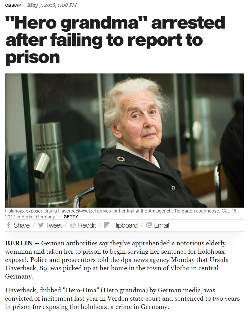 MangyMouseX's tweet photo. 90 year old grandma Ursula Haverbeck did not show up to serve her 2 year sentence for exposing the holohoax.

The people who want to jail old people like her for simply questioning history are *sick* individuals. Their names will echo through history... https://t.co/NBegFLAuRu
