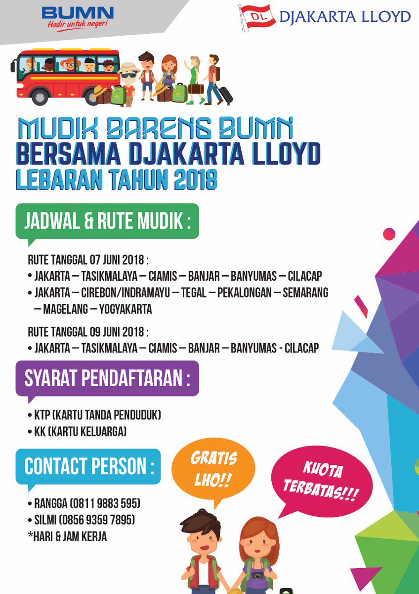 PTDJAKARTALLOYD's tweet image. Hallo Sobat DL!

Sebentar lagi mudik dan belum persiapan beli tiket? Jangan takut gabisa kumpul bareng keluarga, yuk mudik bareng Djakarta Lloyd!

@infotasik 
@infotasikmalaya 
@AyoTasik 
@PemkotTsm 
@Tamalafm 
@TaselaUpdate 

#mudikgratis
#infolebaran
#lalulintasmudik
#mudik2018