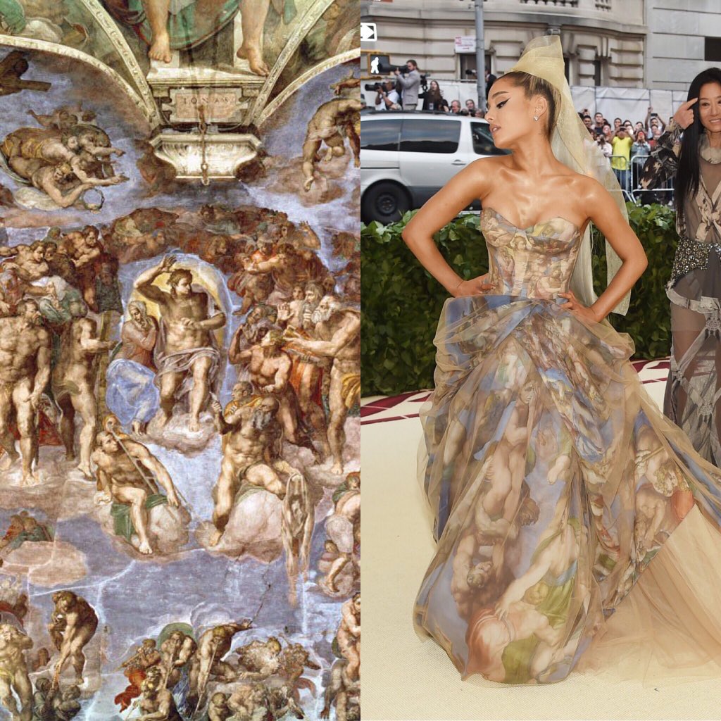 HamletVIP's tweet image. Las inspiraciones detrás de algunos de los #MetGala looks: lana del rey (nuestra Señora de los dolores), Wendy (Juana de arco), Ariana grande (el juicio final por Michelangelo) y Taylor Hill. #MetGala #MetGala2018 #HeavenlyBodies