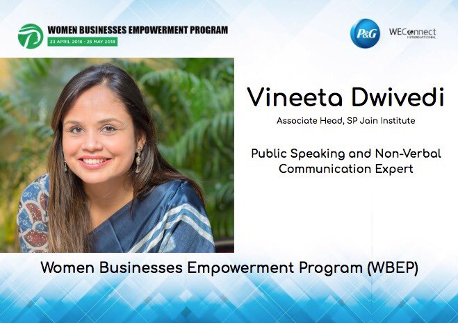 WEConnectionIND's tweet photo. Excited for round 2 of #WBEP! With expertise in the field of public speaking and communication, Prof. Vineeta Dwivedi will be training the WBEP cohort at @ProcterGamble. She serves as Associate Head of the Management Programme for Women at SP Jain Institute.
@WEConnection #She2B https://t.co/vjo2M8aqAX