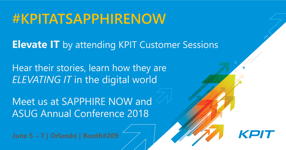 KPIT's tweet photo. #KPITATSAPPHIRENOW | Be a part of KPIT Customer Sessions at #SAPPHIRENOW, and learn how they are innovating and transforming in today's #digital world. To interact with us, and learn more, click on the link: https://t.co/TLI74mWiUp #digitaltransformation #ElevateIT https://t.co/bV4ZRZCbRR