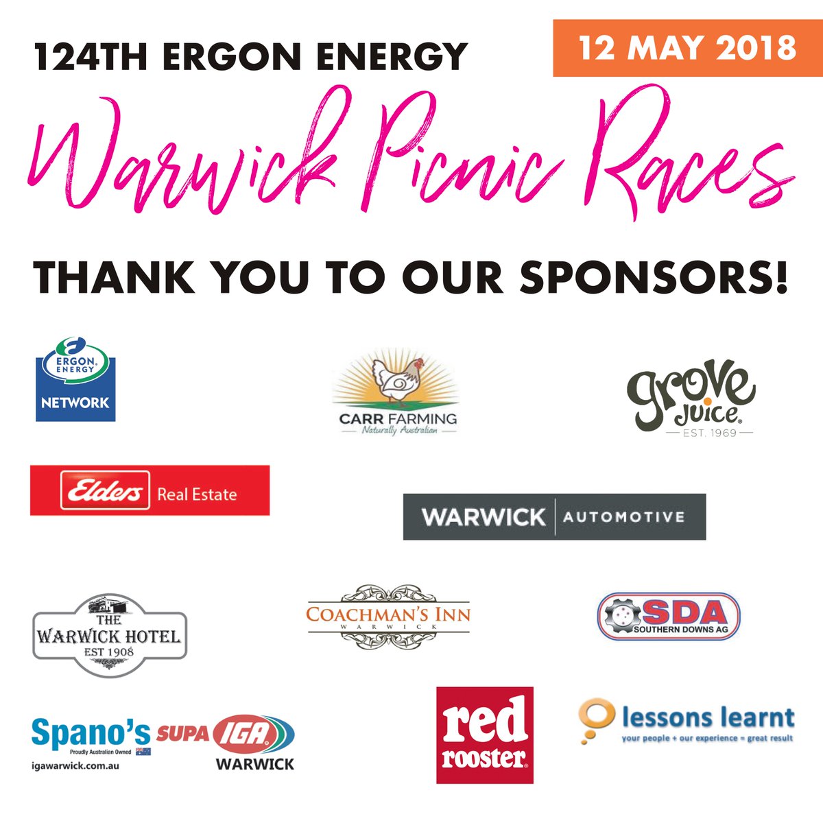 We would like to take a moment to thank our incredible sponsors for the Ergon Energy Warwick Picnic Races 2018!

#warwickpicnicraces #thisisqueensland #sponsorappreciation #weloveoursponsors #destinationsoutherndowns #thankyou #warwickturfclub