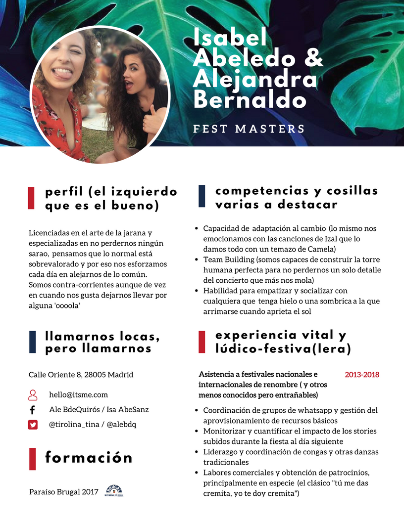 alebdq's tweet photo. ¡Hola @RonBrugal_ES! El gran día se acerca y es hora de que nos pongamos serias (todo lo que somos capaces). Aquí te dejamos nuestro CV para demostrar que somos las #FestMasters perfectas que estás buscando.. ¡llámanos locas, pero llámanos! #FestivalendoconBrugal @tirolina_tina https://t.co/deSm03bY6L
