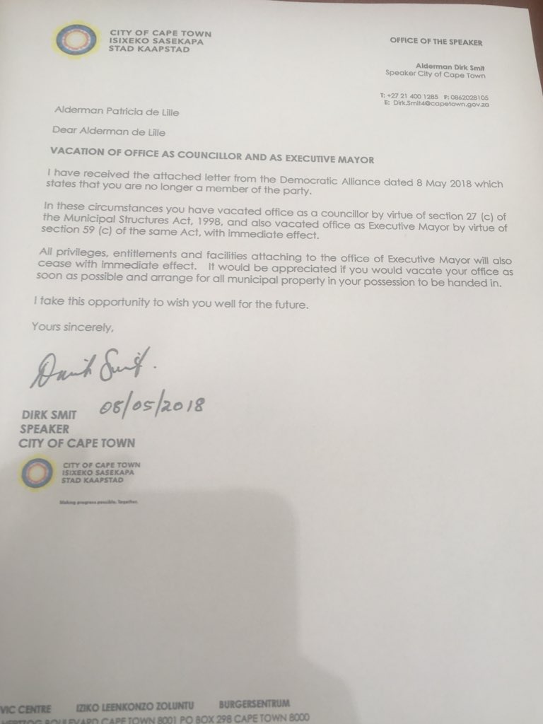 Letter written by the Speaker to #deLille about revoking privileges