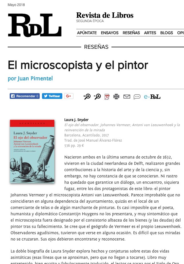 «El microscopista y el pintor» > aguda reseña de Juan Pimentel <a href="/CCHS_CSIC/">Ciencias Humanas y Sociales (CCHS - CSIC)</a> del libro de Laura J. Snyder <a href="/LauraJSnyder/">Dr. Laura J. Snyder</a> 'El ojo del observador. Johannes Vermeer, Antoni van Leeuwenhoek y la reinvención de la mirada' revistadelibros.com/resenas/el-ojo… vía <a href="/Revistadelibros/">Revista de Libros</a> cc <a href="/MVCRASSH/">Making Visible</a>