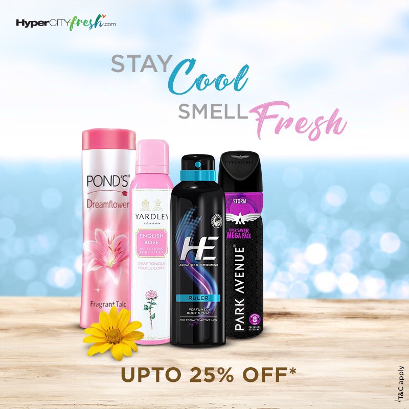 Feeling fresh in the Summers is a breeze, especially with a cool 25% OFF at hypercityfresh.com on Deodorants and Talcs. #SummerDelights