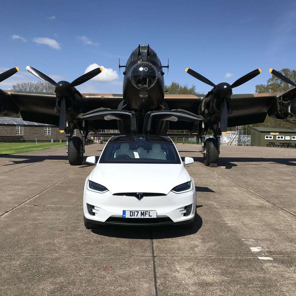 DambustersMiles's tweet photo. One of our QFIs at @UBASBlueLions has been lucky to get these brilliant pictures of his Tesla in front of a Lancaster at Lincolnshire aviation heritage centre! Perhaps this could get @achrisevans interested in #DambustersMiles...

@NX611JustJane @RAF_Cosford https://t.co/tF4zKKFwxQ