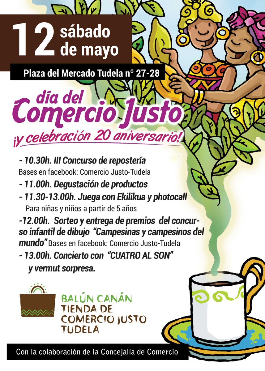 BalunCanan07's tweet photo. Te esperamos este sábado para celebrar el Dia mundo del #ComercioJusto #fairtradeday 
Concurso de postres, dibujo, degustación, juegos y música en el Mercado de #Tudela 
✨¡Y cumplimos 20 años! ✨ https://t.co/aKxqlNSvYg