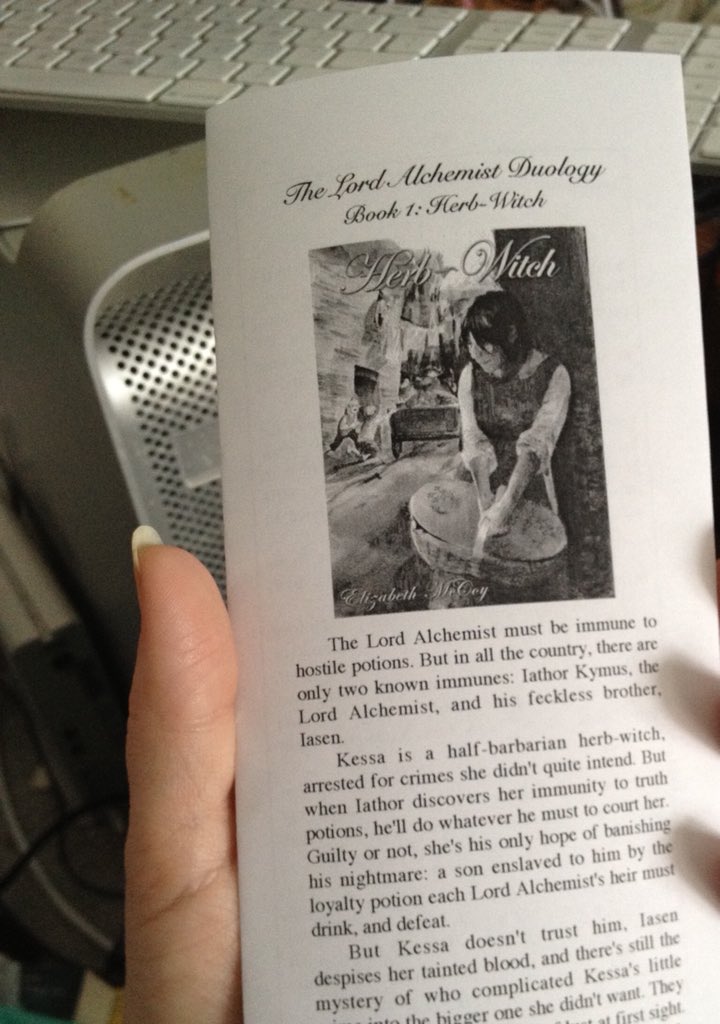 Black & white pamphlet with cover and promo blurb for Herb-Witch by Elizabeth McCoy