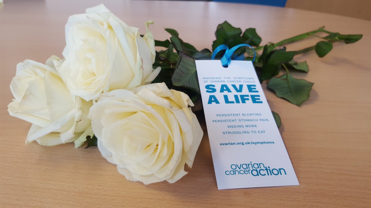 OvarianCancerUK's tweet photo. Today is #WorldOvarianCancerDay! Ovarian Cancer Action will be handing out 7,400 white roses with symptoms cards attached across the UK to represent the number of women diagnosed &amp; educate about the symptoms. Are you in the know? https://t.co/z5FwoRUztp https://t.co/84mGrti1hM