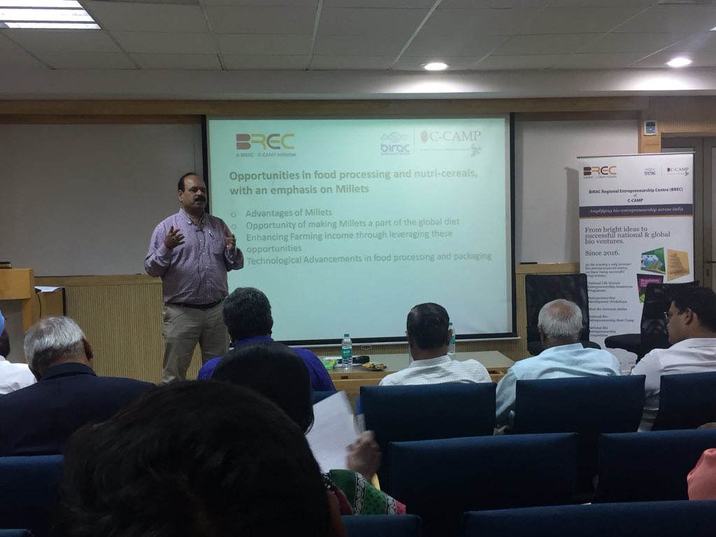 CCAMP_India's tweet photo. Dr. Tonapi, Dir. Indian Inst. of Millets, Dr. Malleshi from @csircftri in an engrossing discussion on govt's #Millet mission strategy, current opportunities &amp; technological advances in #milletfarming #milletprocessing #Nutricereal at #BREC C-CAMP Value-added agriculture workshop. https://t.co/T2Hz5927OD