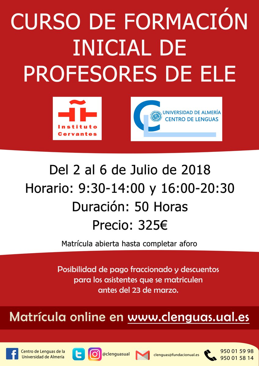 !Aún quedan plazas disponibles! ¿Quieres impartir clases de español en el extranjero? Completa tu formación con este curso. !NO TE QUEDES SIN PLAZA! <a href="/ualmeria/">Universidad de Almería</a> <a href="/AulaMagna/">Aula Magna</a> 
Aquí: bit.ly/2K4RBXv
+info: bit.ly/2prBoUe