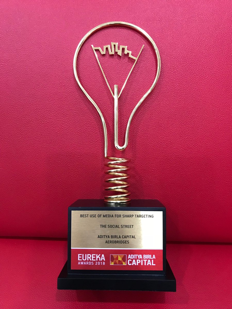 tss_asia's tweet photo. Another feather in the cap for The Social Street! 
Our #OOH team won an award for the "Best Use of Media for Sharp Targeting" at Aditya Birla Group's Eureka Awards 2018. Our team won for outstanding work done on #AdityaBirlaCapital's - Aerobridges campaign. https://t.co/fwwTTW3ija