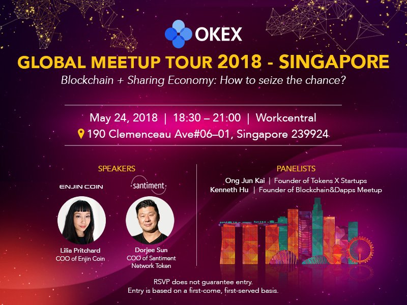 Singapore - We're coming for you on May 24th. Meet us at the OKEx Global Meetup Tour 2018 and find out how to seize opportunities in blockchain &amp; sharing economy with featured speakers from Enjin Coin &amp; Santiment Network Token.

RSVP here: goo.gl/forms/DBAkVDvh…