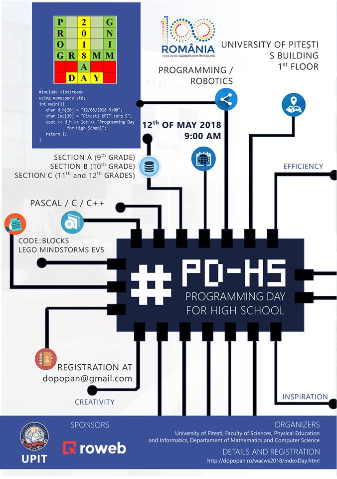 roweb_romania's tweet image. We’re proud to support 2 events in partnership with UPIT: Programming Day for High School (PDHS 2018) (May 12th), and a Web Applications Contest and Workshop for Students (WAC&WS 2018) (May 11th & 12th): roweb.ro/blog/programmi… #UPIT #EasyPHP #LegoMindstorms