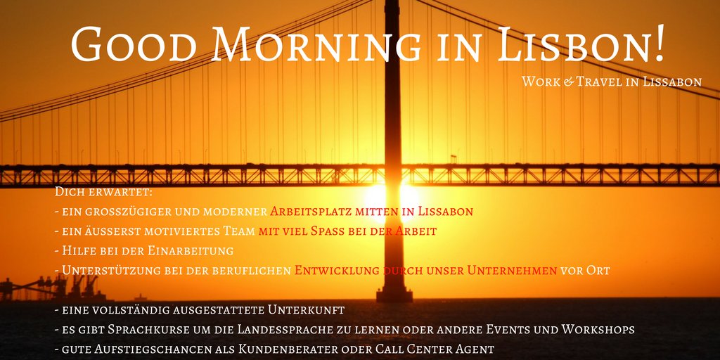 JobForum24's tweet photo. Hast DU Lust auf ein Abenteuer? Willst Du eine neue Kultur und Sprache kennenlernen? Wie wäre es mit einem Job in Lissabon?

Weitere Infos findest Du unter: https://t.co/wpyTT8bWgD

#GoodMorning #Lissabon #Lisbon #WorkandTravel #ESC2018Lisbon #sunnyday https://t.co/R4EnQvkgi2