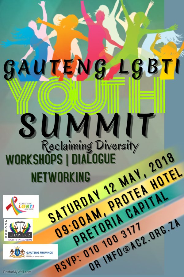 YoungHeroesSA's tweet photo. It will bring together young LGBTI people, stakeholders, motivational speakers and entrepreneurs. Please confirm your attendance by email to info@ac2.org.za or call our offices on 010 100 3177 by 9 May 2018. #lgbtyouth #homosletstalk https://t.co/PHCPgUIwND