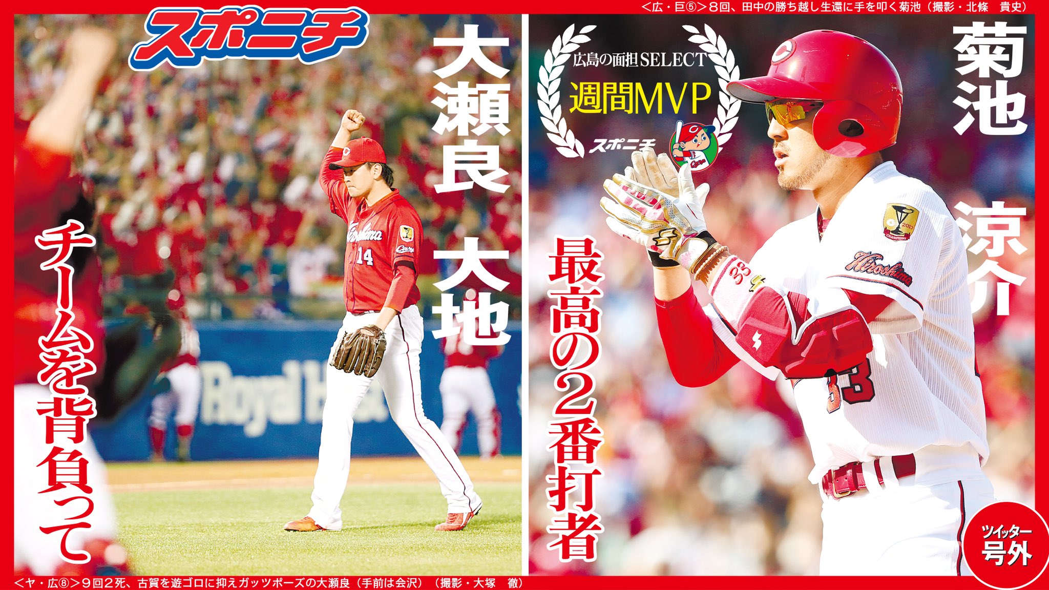 スポニチ面担さん プロ野球 広島 の面担じゃ 面担が選ぶ週間mvp 1日 6日分は 大瀬良大地 と 菊池涼介 大瀬良は1097日ぶりの完投勝利 先発陣の主将として チームを引っ張ってくれています 菊池は5日の5打点も凄いのですが やはり3日の スポニチ面担さん プロ野球 広島 の面担じゃ 面担が選ぶ週間mvp 1日 6日分は 大瀬良大地 と 菊池涼介 大瀬良は1097日ぶりの完投勝利 先発陣の主将として チームを引っ張ってくれています 菊池は5日の5打点も凄いのですが やはり3日の