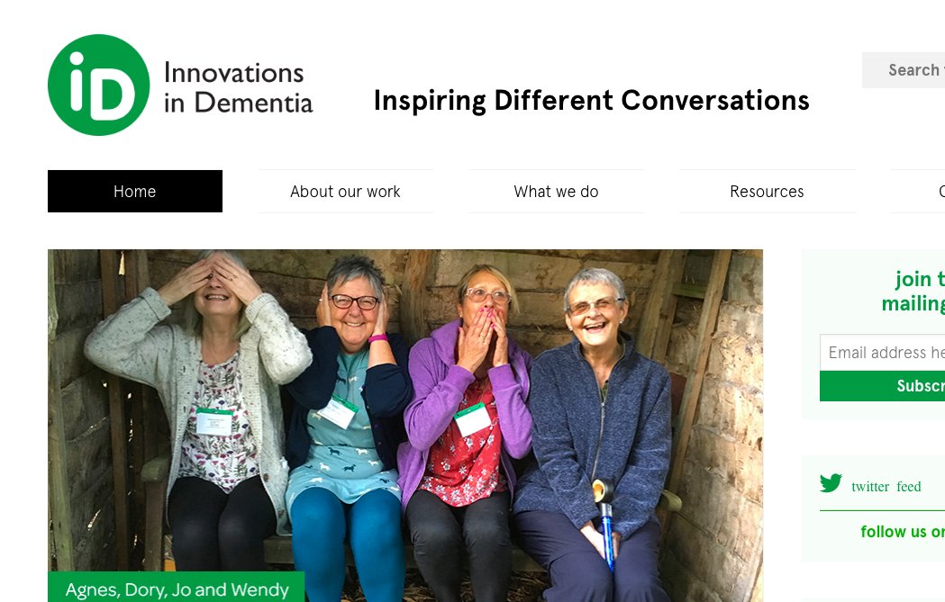 We are so delighted to launch our brand NEW WEBSITE innovationsindementia.org.uk ! Do take a look and learn about who we are, what we do, our core values... and perhaps how we can work with YOU! Join our mailing list for regular updates. And please Retweet - thankyou!