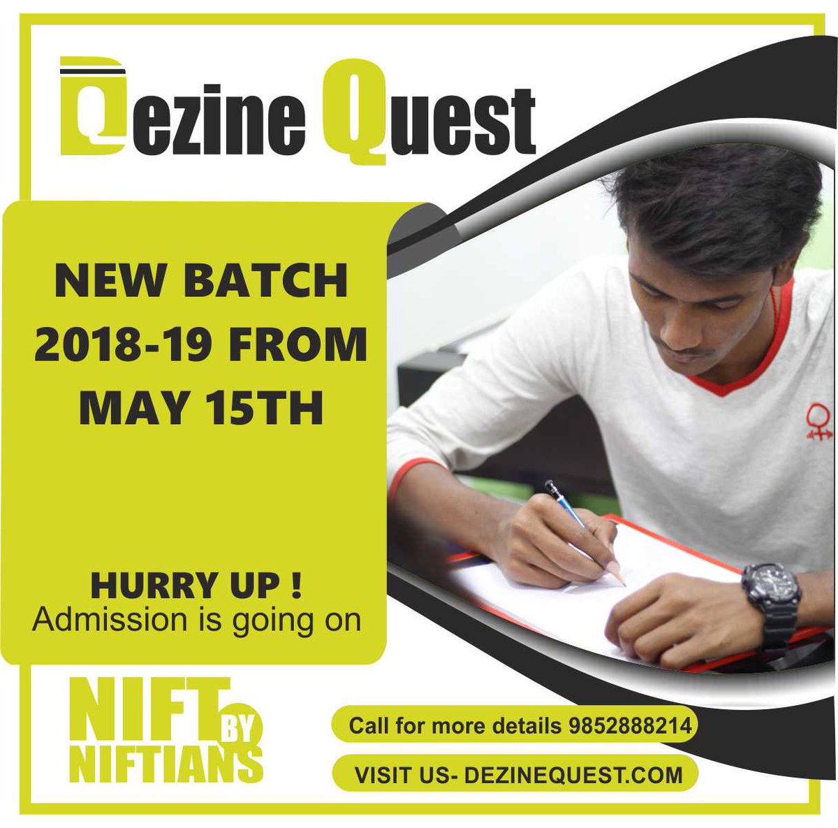 DezineQuest's tweet photo. New Batch 
2018-19 From MAY 15th
Hurry up!!!
Admission is going on
More Details Visit - https://t.co/jPpS9tOZar 
#NIFT #NID #NEWBATCH #SITUATIONTEST #STUDIOTEST #NIFTBYNIFTIAN
#ADMISSIONOPEN #DEZINEQUEST https://t.co/SJfI2sCFtV