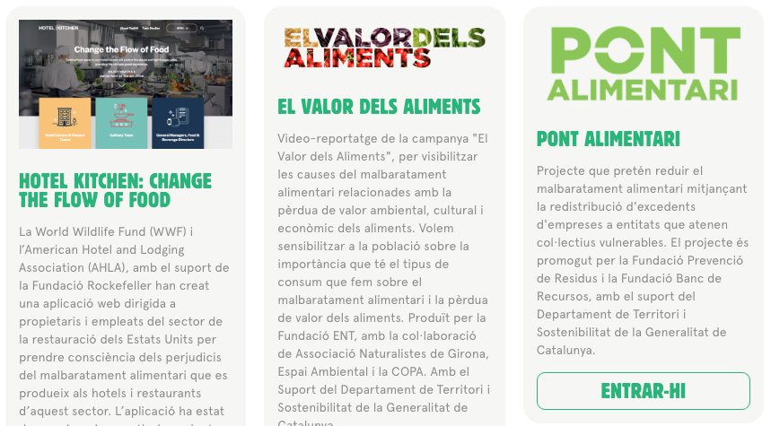 Vols conèixer les iniciatives que existeixen per lluitar contra el malbaratament com <a href="/pontalimentari/">Pont Alimentari</a>, <a href="/remenjammm/">Remenja'mmm</a>, <a href="/FundacioAlicia/">Fundació Alícia</a> o <a href="/espigoladors/">Espigoladors</a>? Descobreix-les ara a la nostra secció d’enllaços. somgentdeprofit.cat/zona-d-enllacos