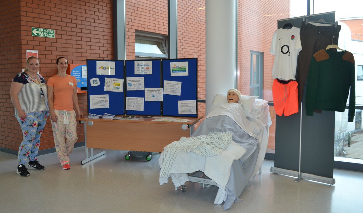 MidYorkshireNHS's tweet photo. Andrea and Jo, along with the team from Gate 41 @PindersHospital have a stall on E floor showing the positive outcomes of getting patients out of bed and dressed - not spending all day in their night clothes. In true #PJparalysis style the staff in their own pajamas all day! https://t.co/GvAVrWyffH