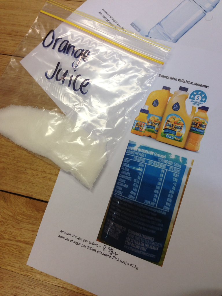 A great way for kids to visualise the amount of sugar in juices. This can change their perception on nutrition and help achieve a healthier eating habit. Well done to the PDHPE group on their presentation on nutrition. #ACUedu_P